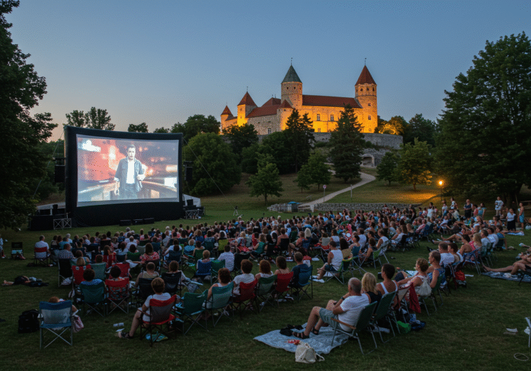 Wide shot of an open-air film screening in Eltz Castle park, Vukovar, Croatia, at dusk on a clear August evening. A large cinema screen glows with a vibrant film projection in the foreground, captivating hundreds of people seated on chairs and blankets on the grass. The historic Eltz Castle is softly illuminated in the background, anchoring the unique setting. Attendees, dressed in casual summer attire, are attentively watching the screen. The scene is illuminated by the ambient glow of the projection and subtle event lighting, creating a festive and communal atmosphere.