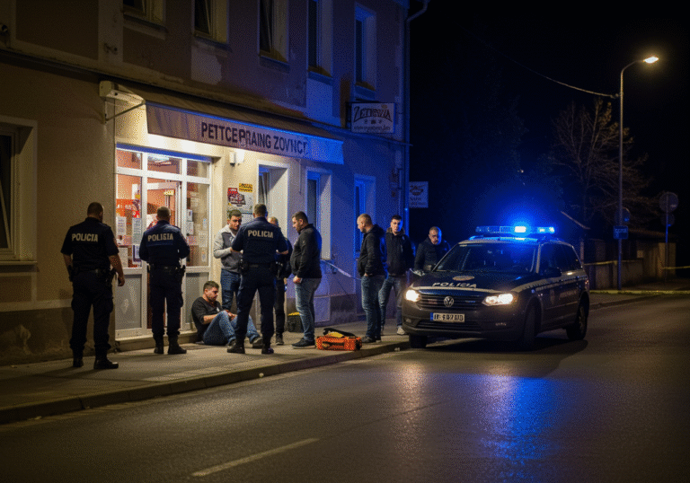Late evening in Petrovci, Croatia, around 11:50 PM. Outside a modest catering establishment, a 46-year-old man with visible injuries is sitting on the ground, his clothing disheveled, as Croatian police officers in dark blue uniforms attend to him. A marked Croatian police vehicle is parked nearby, its blue lights subtly illuminating the quiet street. Four men, aged 28, 36, 37, and 44, stand near the police car, appearing to be detained by other officers. The scene is lit by dim streetlights and the building's exterior lighting, casting long shadows on the provincial Croatian street.