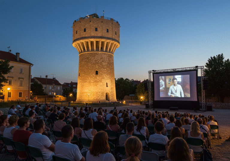 An outdoor film screening at twilight, set against the illuminated Vukovar Water Tower in Vukovar, Croatia. A diverse group of festival-goers is seated in an open-air amphitheater, facing a large projection screen where a film is playing. The atmosphere is quiet and attentive, with soft, warm light from the screen illuminating the audience. The iconic Vukovar Water Tower stands prominently in the background, its unique structure visible under the fading light of a late August evening. People are dressed in smart casual attire, reflecting a cultural event. The scene captures the vibrant, historic setting of the 19th Vukovar Film Festival.