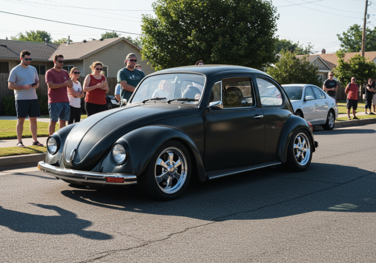 A unique, custom-built dark-colored Volkswagen Beetle, nicknamed 'Half Ass,' driving slowly on a sunlit suburban street in the United States. The car's extremely low silhouette makes it appear as if its body is submerged into the road surface, with only the roof and top of the hood visible. Onlookers on the sidewalk stop and stare, some pointing or raising their smartphones to capture photos and videos of the unusual vehicle. The setting is a clear, bright day, highlighting the car's distinctive design and the public's fascination with it.