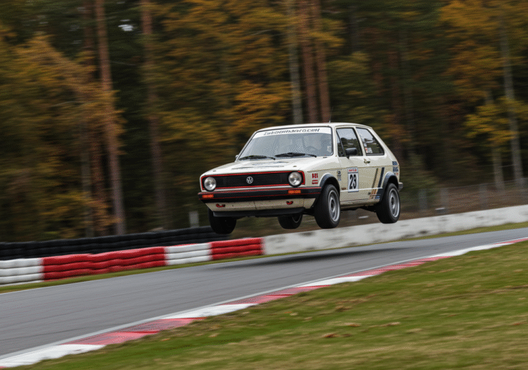 An older generation Volkswagen Golf 1, clearly a specially prepared touring car, captured in mid-air with all four wheels off the ground, soaring over a crest on the Nürburgring Nordschleife circuit in Germany. The dynamic shot, from a low angle, emphasizes the car's extreme speed and height. It is a crisp autumn day in mid-October, with the iconic German track winding through dense forest where hints of fall foliage are visible. The car is sharply in focus, showcasing its modified, non-stock appearance, with the background blurred to convey intense motion. Bright daylight conditions.