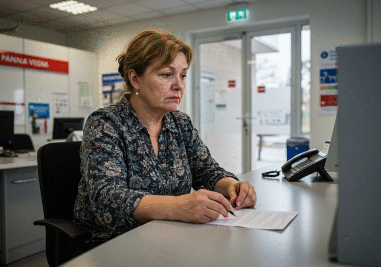 A somber 55-year-old Croatian woman sits at a polished counter inside a modern bank branch in Krapinsko-zagorska County, Croatia. She wears practical, everyday clothing, her expression a mix of realization and distress, perhaps looking down at her hands or a document. The bank interior is bright with natural daylight, suggesting a typical workday afternoon. The scene subtly conveys the gravity of significant financial loss and emotional vulnerability, with a sense of quiet counsel or revelation.