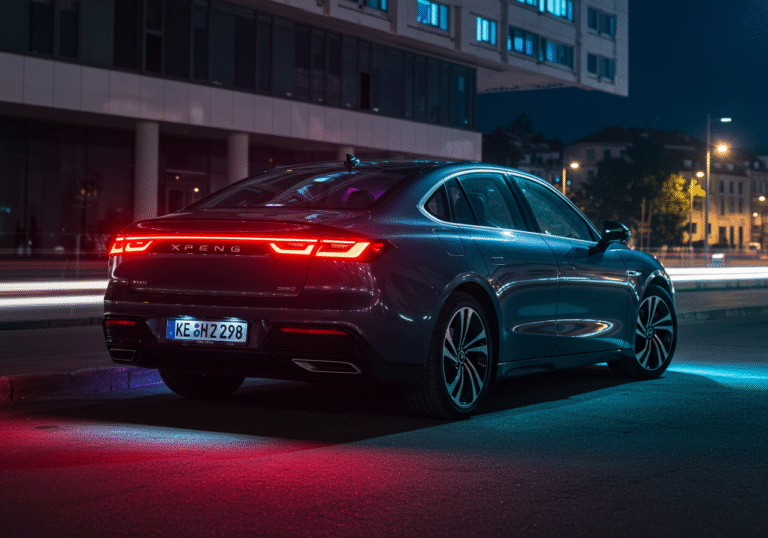An XPENG P7 electric sedan, its distinctive full-width LED light bar and vertical daytime running lights illuminated, parked on a modern urban street in Croatia at night. The vehicle's rear also features a glowing full-width light bar and vertical taillights. Subtle reflections of Croatian city lights and architecture are visible on the car's sleek, dark paintwork, creating a sophisticated and contemporary atmosphere.