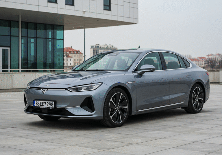 A sleek new generation XPeng P7 electric sedan, in a vibrant metallic color, is cleanly presented outdoors under clear daylight. The sophisticated vehicle is parked prominently on a modern paved surface. In the background, subtle contemporary Croatian architectural elements or a clean urban landscape are visible, signifying its recent arrival in the Croatian market. The lighting is bright and even, highlighting the car's radical design and smooth lines, conveying a sense of innovation and advanced technology.