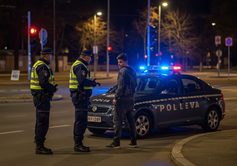 Nighttime, Zagreb, Croatia. Two Croatian police officers in dark uniforms with reflective vests are sternly speaking to a young male driver, who stands next to the open door of a dark sedan. The driver, appearing disheveled, avoids eye contact. A Croatian police patrol car with active blue lights is parked behind, illuminating the scene. In the background, a city street with blurred traffic and a prominent red traffic light is visible, suggesting an urban intersection. The overall mood is tense and serious under the dim streetlights.
