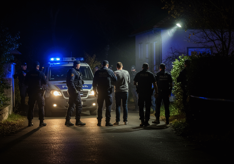 Nighttime scene in a quiet, rural residential area of Berek, Croatia. Croatian police officers from the Antiteroristička jedinica Lučko (ATJ Lučko) in tactical gear are arresting a male suspect. The suspect, standing with his hands behind his back, is no longer resisting, illuminated by the strong beam of a police vehicle's floodlight. Other uniformed Croatian police from the Bjelovar-Bilogora Police Department are visible in the background, securing the scene. The atmosphere is tense and focused, reflecting a late-night operation.