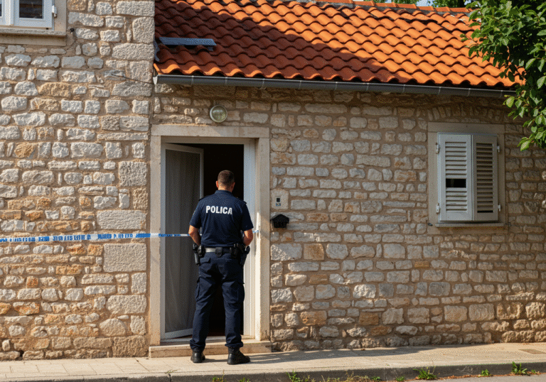 A Croatian police officer in a dark blue uniform with standard insignia stands outside a traditional stone family house with a red-tiled roof, located on a quiet residential street in Zadar, Croatia, on a bright August afternoon. The officer is observing the main entrance, which shows visible signs of forced entry, with a slightly damaged door frame and a partially opened door. The scene is illuminated by natural sunlight, casting soft shadows, and conveys a serious, investigative atmosphere.