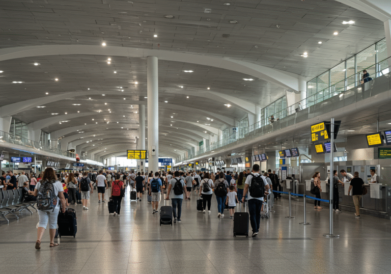 A wide editorial shot of the main terminal hall at Franjo Tuđman Airport in Zagreb, Croatia, on a clear, sunny July 2025 afternoon. The modern, spacious airport is teeming with a diverse crowd of passengers. Families, solo travelers, and groups with luggage move briskly through the concourse, queue at check-in desks, or relax in seating areas near departure gates. Airport ground staff and airline representatives in their uniforms are present, guiding the flow of travelers. The atmosphere is vibrant and highly active, conveying a sense of bustling international travel during peak season.