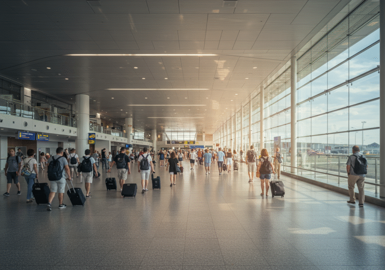 A wide editorial shot inside the main passenger terminal of Zagreb Franjo Tuđman Airport in Croatia during a bright summer day. Sunlight streams through large glass windows, illuminating a bustling scene of numerous travelers. Passengers of diverse ages, dressed in light summer clothing, are seen moving through the modern airport space, many with carry-on luggage and suitcases, reflecting a period of high passenger volume. The atmosphere is busy and active, characteristic of a major European transport hub during peak travel season.
