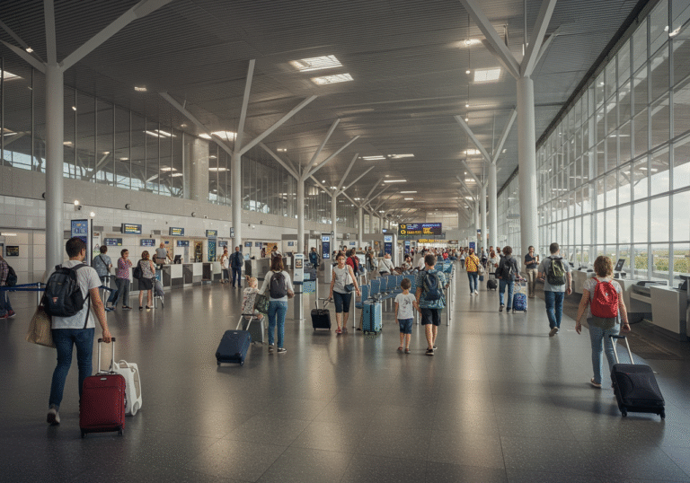 A wide, realistic editorial photograph capturing the bustling interior of the main terminal at Franjo Tuđman Airport in Zagreb, Croatia, on a bright summer day. The scene is filled with a high volume of diverse travelers, including families, couples, and individuals, moving with luggage through spacious corridors and open areas. Some passengers are visible queuing at modern check-in counters or approaching security checkpoints, while others are heading towards departure gates. Natural light streams in from large windows, highlighting the vibrant activity of a record-breaking travel season in July.