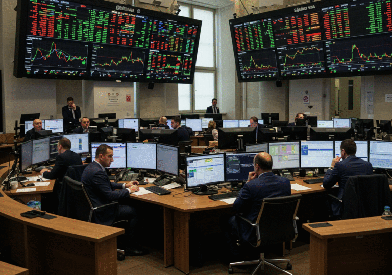 A subdued trading floor at the Zagreb Stock Exchange in Croatia on a Thursday afternoon, with large digital screens displaying a mix of green and red stock market figures. Professional traders and investors, dressed in business attire, are seated at their desks, attentively observing multiple computer monitors. Their expressions vary from focused concentration to thoughtful contemplation, reflecting the day's mixed market performance and significantly reduced trading activity. The financial environment is illuminated by natural light entering through large windows, giving a clear, realistic view of the modern trading space.