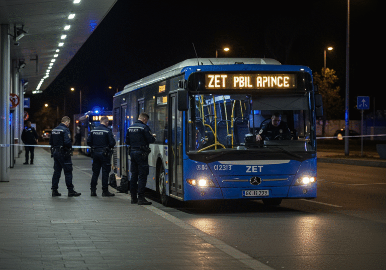 Early morning light illuminates the Kozari Bok bus terminal in Zagreb, Croatia, around 6:15 AM. A blue and white ZET public transport bus is parked, its driver's side door slightly ajar or closed. Several Croatian police officers in dark blue uniforms are conducting a calm, detailed investigation around the front and entrance of the bus, with one officer possibly taking notes or speaking on a radio. The scene is quiet and still, emphasizing a methodical police presence in the immediate aftermath of an incident.