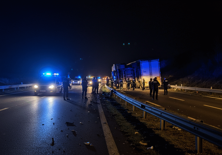 A dark night scene on the Zagreb bypass, between the Buzin and Lučko interchanges. An overturned truck lies on its side against a damaged guardrail on the highway shoulder. A heavily damaged personal car is visible nearby. Several Croatian police vehicles with flashing blue lights illuminate the scene as police officers in uniform conduct an investigation, some examining the wreckage, others conversing. The asphalt is dark and scattered with debris. In the background, blurred vehicle lights indicate disrupted traffic flow on the highway.