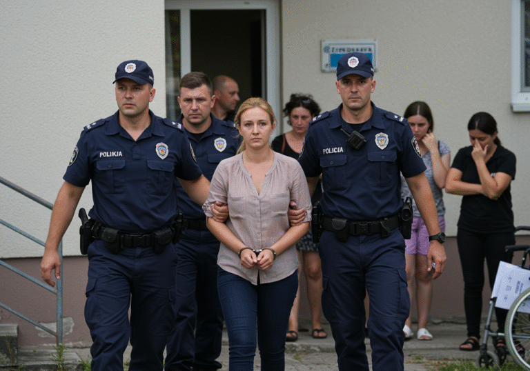 Direktorica tvrtke u Zagrebu uhićena zbog sumnje na trgovanje ljudima i protupravno zatočenje pet stranih državljanki Croatian uniformed police officers from Zagrebačka policija and plainclothes officers from PNUSKOK lead a handcuffed 37-year-old female director from a care home for the elderly in Zagreb County on a somber August afternoon. She is wearing a simple blouse and has a serious expression. In the background, one or two foreign female victims, appearing distressed and weary, are being assisted by personnel from the Croatian Center for Social Work. The care home building has a plain, institutional exterior under natural light, reflecting the serious nature of the police intervention.