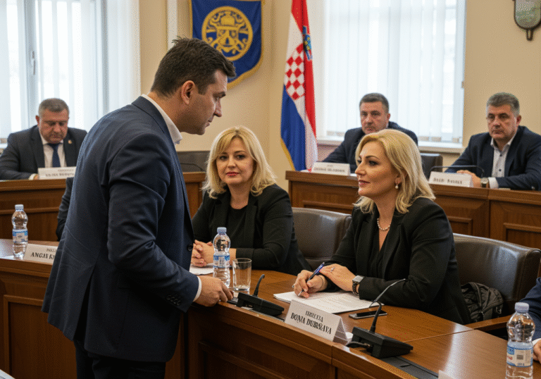 A tense verbal confrontation unfolding at a city district council meeting in Donja Dubrava, Zagreb, Croatia. Council member Alin Kavur, appearing serious and earnest, is looking directly at council member Ankica Penava, who sits with a slight, almost amused smile on her face. Other council members are visible in the background, some with neutral expressions or appearing disengaged. The setting is a standard municipal meeting room, featuring wooden tables, chairs, and a Croatian flag prominently displayed. Natural daylight streams through windows, creating an authentic, unposed photojournalistic scene.