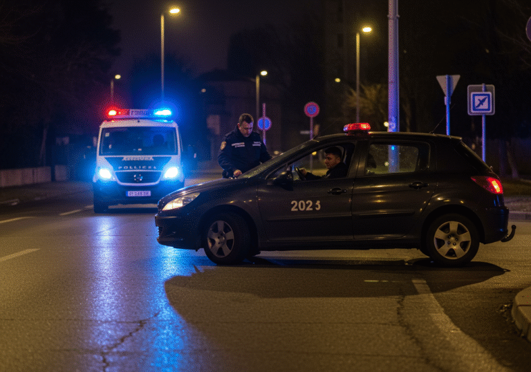 Early morning, dark urban street in Susedgrad, Zagreb, Croatia. A uniformed Croatian police officer is standing by the driver's side door of a dark Peugeot car, interacting with the 22-year-old male driver inside, who appears disoriented. Blue and red flashing lights from a police patrol vehicle in the background cast reflections on the street and the car's surface. Streetlights illuminate the scene, creating a somber, realistic atmosphere of a traffic stop.