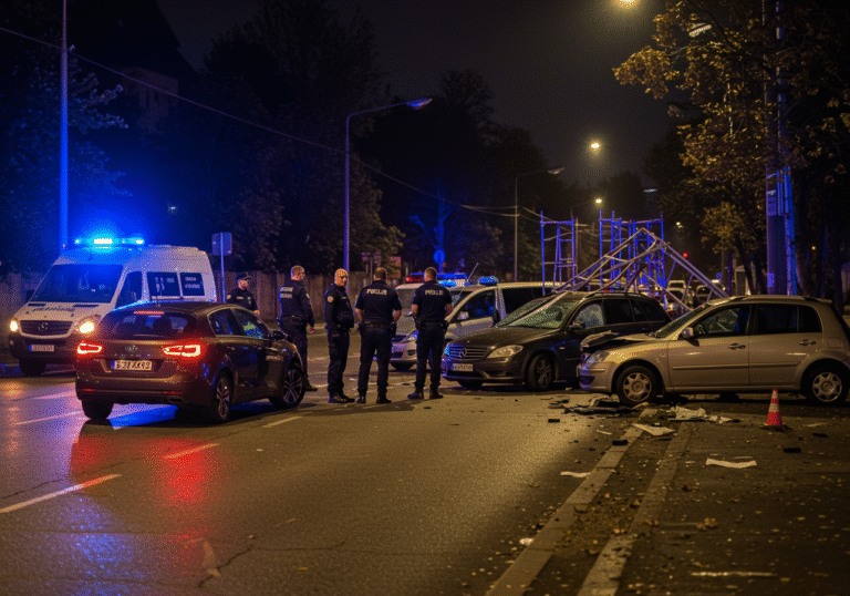 Nighttime scene on Ulica Ivana Rogića in Zagreb, Croatia, around 10:15 PM. A damaged Kia car with Zagreb license plates is visible near the roadside. Nearby, four other vehicles – a Mercedes, a Chrysler, an Opel van, and a Peugeot – show signs of significant impact damage, positioned as if they were properly parked. A section of construction scaffolding is also visibly struck and partially collapsed. Several uniformed Croatian police officers are actively investigating the scene, with one officer interacting with a male driver in his thirties. Flashing blue and red lights from police vehicles illuminate the street, reflecting off the damaged vehicles and the wet asphalt. The atmosphere is solemn, depicting the aftermath of a serious traffic incident.
