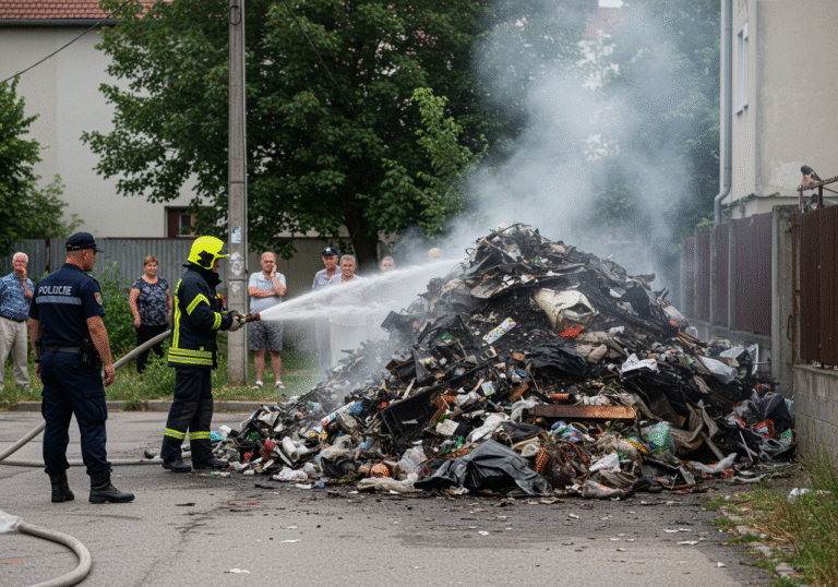 Croatian firefighters from JVP Zagreb actively dousing a smoldering pile of large waste, approximately 2x2 meters in size, on Huzjanova Street in Zagreb, near the former Podsused cement factory, on a warm August morning. Wisps of smoke rise from the debris. A uniformed Croatian police officer stands nearby, observing the scene. In the background, local residents of Huzjanova Street watch with concerned expressions, their residential homes visible.