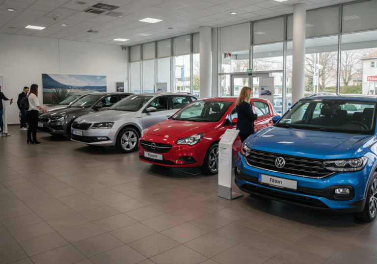 Daylight, wide shot inside a well-lit, modern car dealership showroom in Zagreb, Croatia. Multiple brand new vehicles are displayed, prominently featuring a silver Škoda Octavia, a red Opel Corsa, and a blue Volkswagen T-Cross. Well-dressed individuals, appearing as potential customers, are examining the cars, some in conversation with professional sales representatives. The showroom floor is clean and polished, reflecting overhead lights. Large windows show a glimpse of a sunny Zagreb street outside.