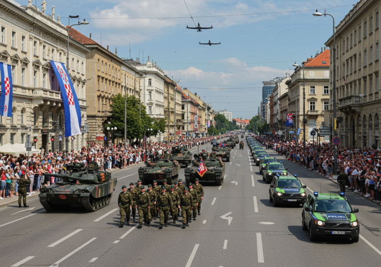 A wide shot capturing a grand military parade in progress on the southern carriageway of Ulica grada Vukovara in Zagreb, Croatia, on a bright, clear summer afternoon. Croatian Army personnel in formal uniforms march in disciplined formations, accompanied by a long line of modern Croatian military vehicles, including tanks and armored personnel carriers, and a distinct motorized echelon of Croatian police vehicles. Numerous Croatian flags are prominently displayed along the parade route and on nearby buildings. Aircraft are visible in the sky above the city skyline. Spectators line the northern side of the street, observing the procession against the backdrop of typical Zagreb city architecture.