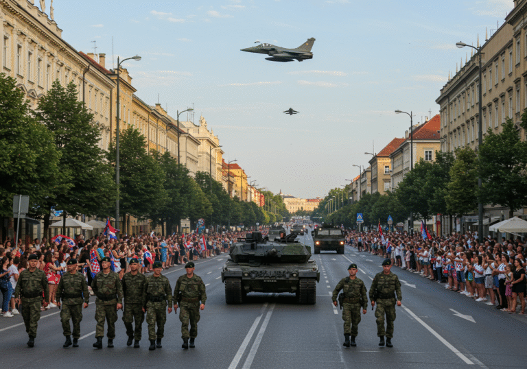 A bustling military parade in Zagreb, Croatia, unfolds on Ulica grada Vukovara during a clear late afternoon in July. Rows of Croatian Armed Forces personnel in summer uniforms march purposefully, their ranks stretching down the wide street. A modern Leopard main battle tank, part of a column of diverse military vehicles, moves slowly past. Above, a Rafale multi-purpose combat aircraft soars through the sky. Crowds of Croatian citizens line the sidewalks, many holding small Croatian flags, watching with interest. The urban architecture of Zagreb forms the backdrop under the bright daylight.