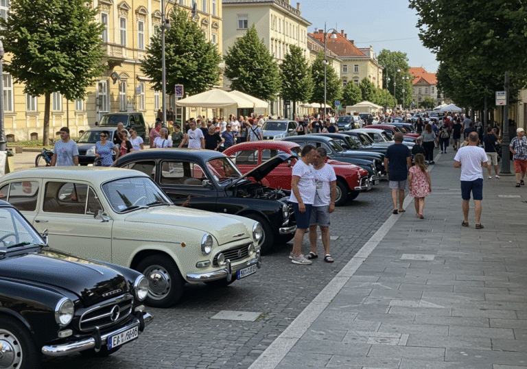 A wide-angle shot of Sijačeva Promenade in central Zagreb, Croatia, on a sunny August 9, 2025. The promenade is bustling with a traditional oldtimer vehicle meeting, featuring dozens of meticulously restored vintage automobiles and classic motorcycles parked proudly along the pedestrian walkway. Crowds of curious visitors of all ages, dressed in casual summer attire, are strolling among the vehicles, admiring the polished chrome and historical designs. Some individuals are leaning in to inspect engines, while others are engaging in conversations near makeshift stalls displaying antique vehicle parts. The warm afternoon light illuminates the scene, casting soft shadows, with Zagreb's historic architecture visible in the background.