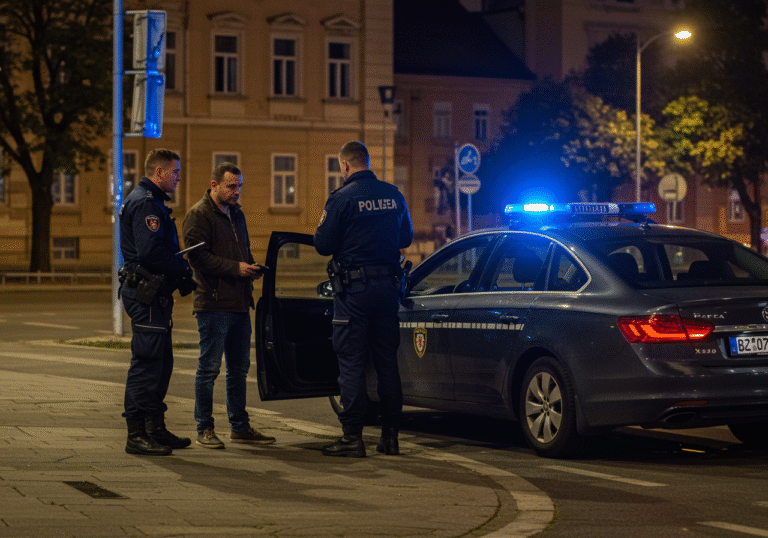 A man with a somber expression stands next to a dark sedan on a well-lit street in Zagreb, Croatia, during the late evening. Two uniformed Croatian police officers, wearing dark blue uniforms with visible patches, are engaging with him. One officer holds a small electronic device. A marked Croatian police vehicle, with its subdued blue light bar subtly illuminated, is parked behind them on the roadside. The background features typical Zagreb city architecture under bright streetlights.