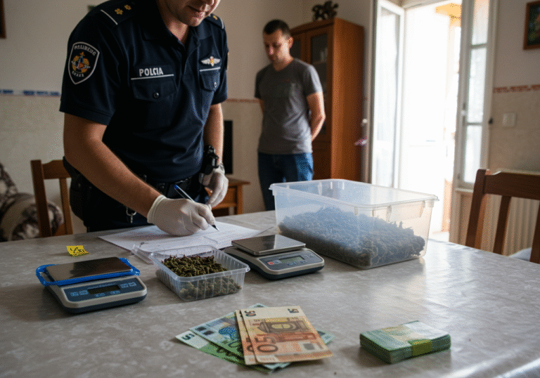 A Croatian police officer in a dark blue uniform, wearing gloves, carefully documents evidence on a table inside an apartment in the Prečko neighborhood of Zagreb. On the table, three clear plastic containers are visible, each holding dried cannabis, alongside a precision digital scale and stacks of euro banknotes. The apartment's interior reflects a typical residential setting in Zagreb, with natural indoor lighting. In the background, the 33-year-old male suspect stands quietly, observed by another uniformed officer, capturing the scene of a drug investigation on August 11.