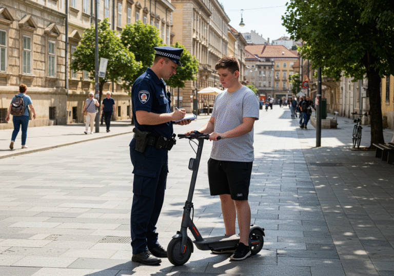 A Croatian police officer, wearing a blue Zagreb Police Department uniform with official insignia, stands on a paved city street in Zagreb during a bright, sunny afternoon. The officer is engaged in a serious conversation with a young person, who stands beside a modern electric scooter. The officer holds a small electronic device or a notepad, appearing to record information. In the background, typical central Zagreb architecture, featuring historic stone buildings with red tile roofs and green trees, lines the street. Other pedestrians and some bicycle lanes are visible, indicating a busy urban environment, conveying a sense of routine traffic enforcement.