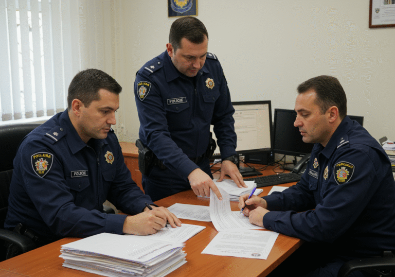 Croatian police officers in official dark blue uniforms, engaged in a focused discussion around a desk inside the Police Department Zagreb. One officer points to a document or a computer screen, while another takes notes, their expressions serious and concentrated on the ongoing investigation into the peer violence video. The office environment is professional and functional, with papers and a desktop computer visible. The scene is lit by natural ambient light from overhead fixtures, highlighting the diligent and methodical work. Official Croatian police insignias are visible on their uniforms.