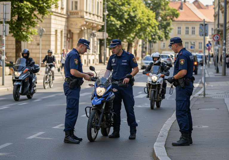 Croatian police officers in their standard blue uniforms are conducting a traffic control operation on a sunny urban street in Zagreb, Croatia. One uniformed Zagreb police officer is talking to a motorcyclist who has been pulled over to the side of the road, while another officer holds a handheld noise measurement device near the motorcycle's exhaust. Other traffic, including mopeds and cyclists, passes by on the street, which features typical Zagreb city architecture in the background.