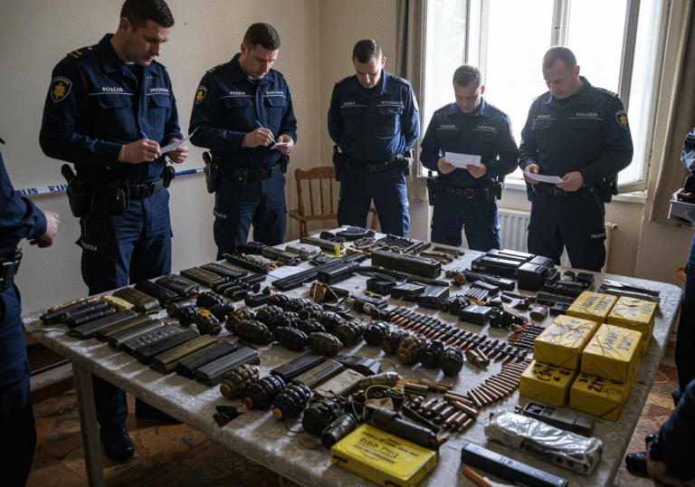 Croatian police officers in dark blue uniforms are meticulously documenting a large cache of illegal weapons and explosives laid out on a table inside an ordinary, lived-in residential home in Peščenica, Zagreb. The discovered arsenal includes distinct piles of various ammunition, several dark hand grenades without fuses, yellow-wrapped blocks of TNT, numerous firearm magazines and ammunition belts, a single hand grenade fuse, and a specialized detonator. Natural daylight filters through a nearby window, mixing with artificial overhead lighting, creating a serious and investigative atmosphere on a Sunday afternoon.