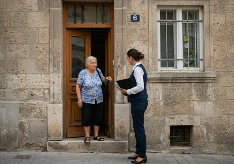 An elderly woman with gray hair and a worried, hesitant expression partially opens the wooden door of her traditional apartment building in Zagreb, Croatia. A person in smart professional attire, with a subtly deceptive smile, stands on the doorstep, holding what appears to be a clipboard or small bag, engaging her. The scene is illuminated by bright mid-day sun in August, casting soft shadows on the stone facade of the building and the adjacent street.