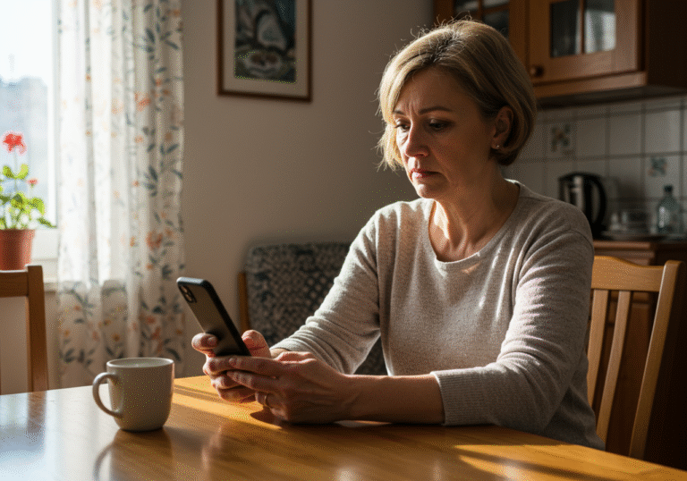 A middle-aged Croatian woman sitting at a simple wooden kitchen table in a sunlit apartment in Zagreb, casually dressed. She is holding a smartphone, her gaze fixed on the screen with a mixture of confusion and concern, her eyebrows slightly furrowed as she carefully reads a suspicious text message. The scene is lit by soft daylight coming from a window, highlighting the ordinary, everyday setting. A half-empty ceramic mug is on the table next to her phone.