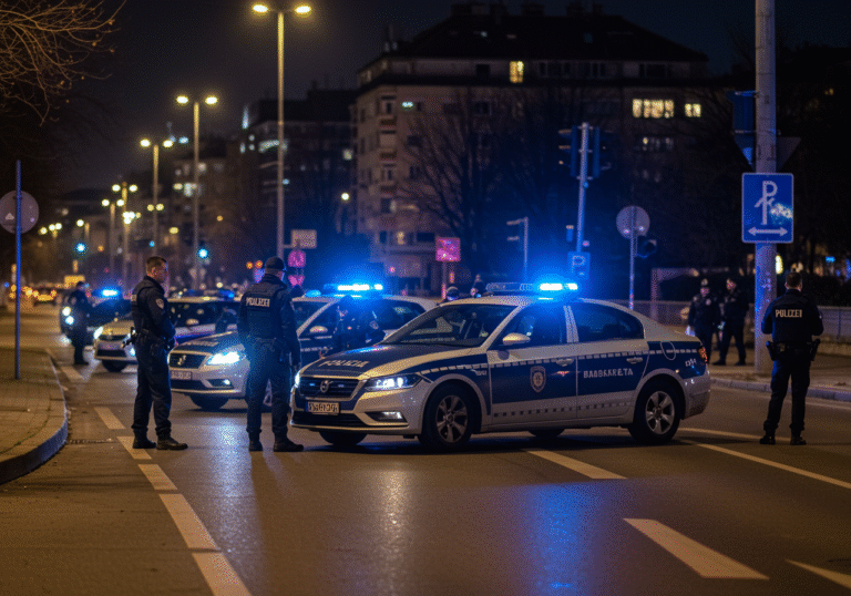 Croatian police officers from the Zagreb Police Department conducting a comprehensive traffic control operation on a street in Zagreb late at night. Marked police patrol cars with flashing blue lights are visible, with uniformed officers interacting with drivers during vehicle stops. The scene is illuminated by streetlights, with urban buildings and city lights in the background, conveying a serious enforcement presence.