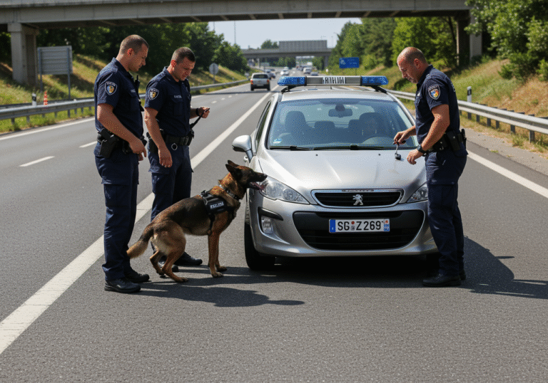 A K9 unit police dog, Ares, a brown and black German Shepherd, actively indicates on the passenger side dashboard of a light-colored Peugeot car with Split license plates. Two male Croatian police officers in dark blue uniforms stand nearby, observing with focused expressions. The scene is set on the shoulder of the A1 highway, near the Donja Zdenčina interchange, Croatia. Bright midday sun casts defined shadows on the asphalt and surrounding area. The atmosphere is professional and tense during a traffic control stop on a clear August day.
