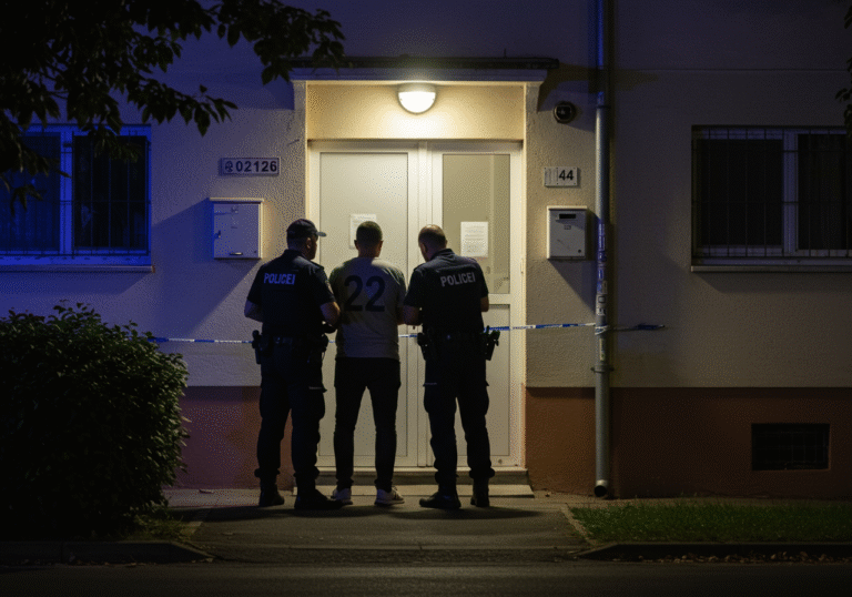 Uniformed Zagreb police officers are apprehending two young men, aged 22 and 23, in the early morning hours of August 6, 2025. The scene takes place at the entrance of a residential apartment building on Ulica Bernarda Vukasa in the Jarun neighborhood of Zagreb, Croatia. One officer is restraining a suspect, while the other officer is interacting with the second suspect. The apartment door in the background shows subtle signs of attempted forced entry. The lighting is dim pre-dawn light, with some illumination from nearby streetlights, casting soft shadows. The police officers are wearing official Croatian police uniforms. The building exhibits typical Croatian residential architecture with plain facades. The atmosphere is quiet and serious, characteristic of a predawn police intervention.