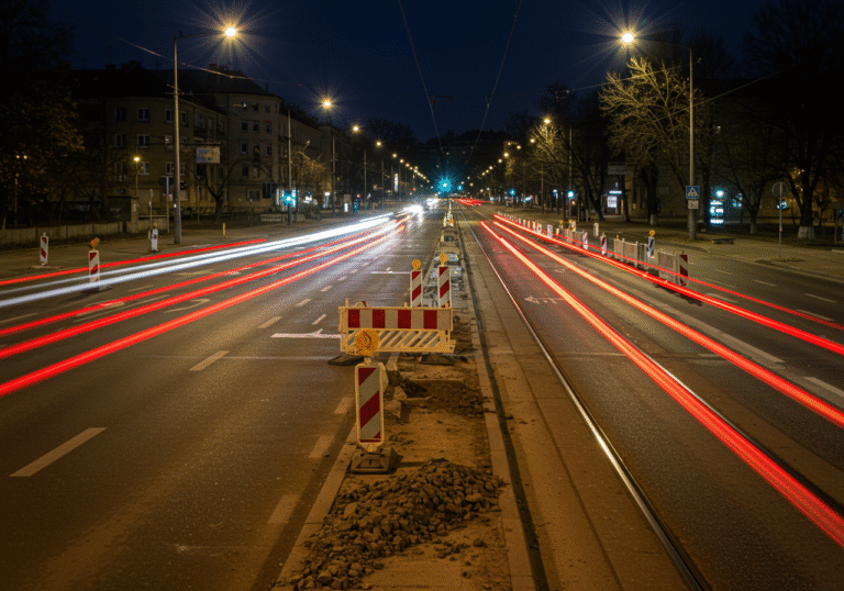 An editorial photograph taken at night, capturing the ongoing roadworks at the intersection of Vukovarska street and Savska road in Zagreb, Croatia. Construction barriers and temporary traffic cones delineate the reduced single lane for vehicles, leading to noticeable traffic slowdowns. Car headlights and red taillights form streaks as vehicles move through the intersection. The tram tracks are visible, indicating the replacement of tram switches. Streetlights cast long shadows, illuminating the urban streetscape as drivers patiently navigate the changed traffic conditions.