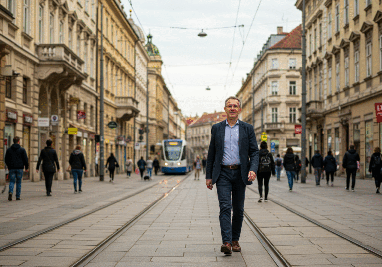 An adult Croatian professional, dressed in smart casual attire, walks confidently down a bustling pedestrian street in Zagreb city center on a bright, clear afternoon. Historic Austro-Hungarian architecture lines the background, with a modern tram passing on nearby tracks. The person has a subtle, positive expression, reflecting a sense of daily economic stability and well-being in the city. Other pedestrians are visible, moving naturally through the vibrant urban environment. Natural daylight, medium shot.