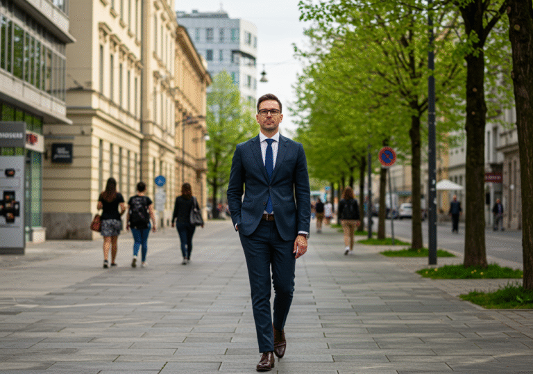 A well-dressed professional in their late 30s walks confidently along a modern, tree-lined street in central Zagreb, Croatia, on a bright May afternoon. The street features a mix of classic Central European architecture and contemporary office buildings in the background, subtly indicating the city's economic activity. Natural, warm sunlight illuminates the scene, highlighting the individual's calm and composed expression, and reflecting a sense of comfortable urban life in the Croatian capital. Other pedestrians are visible in the background, going about their daily routines.