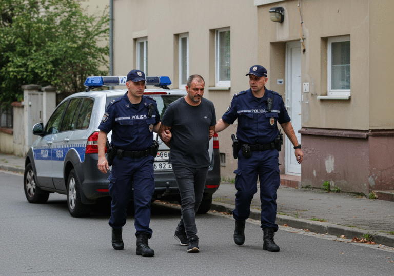 A 40-year-old man, a robbery suspect, being escorted by two uniformed Croatian police officers from a residential building in Zagreb. The scene is on a typical residential street in daylight. A marked Croatian police vehicle is parked nearby. The officers are professional, guiding the man, who has a neutral expression. Background shows characteristic Zagreb residential architecture.