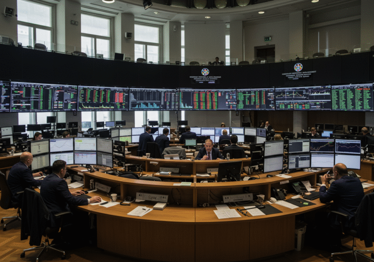 A wide, editorial shot of the trading floor at the Zagreb Stock Exchange in Croatia on a late Tuesday afternoon. Financial traders and analysts, dressed in business attire, are focused intently on large, backlit digital screens displaying real-time market data with prominent downward trending charts and some red indicators. A few individuals show expressions of mild concern or deep concentration. The modern interior of the exchange is well-lit by a mix of natural light filtering through large windows and overhead office lighting, casting subtle shadows across the desks and computer equipment. The overall atmosphere is serious, reflecting a challenging market day.
