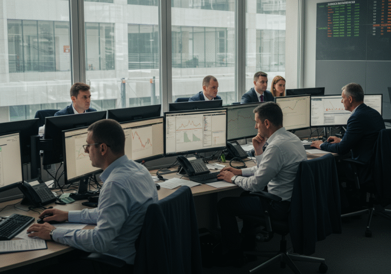 A professional, editorial-style photograph capturing the atmosphere inside a modern financial office or trading floor at the Zagreb Stock Exchange in Croatia, during business hours in early August 2025. Natural daylight streams through large windows, mixed with the cool glow of multiple computer monitors. Several well-dressed financial professionals, a mix of men and women, are seated at desks, intently focused on their screens or engaged in quiet discussions. Their expressions convey a mix of concentration, slight caution, and subtle indications of mixed market performance, reflecting the nuanced activity and reduced trading volume. The background shows the general activity of a busy but somewhat subdued trading environment within a contemporary office building in Zagreb.