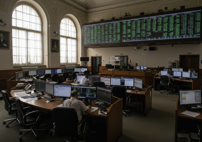 The trading floor of the Zagreb Stock Exchange on a quiet Wednesday morning in August. Bright daylight filters through the large windows, casting a calm, almost still atmosphere over the expansive room. A few individual traders are visible at their desks, casually observing large display screens that show dynamic but unreadable stock data, conveying the low trading volume and general market lethargy during the peak summer vacation period. The overall impression is one of minimal activity and quiet resignation.