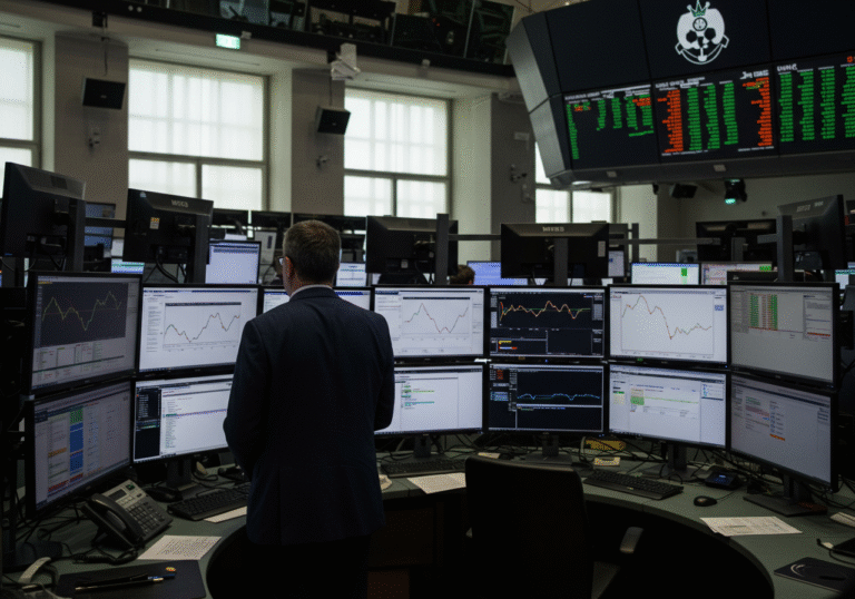 A candid, editorial-style photo of a financial professional in their 40s, dressed in business attire, looking intently at multiple computer screens on a modern trading floor at the Zagreb Stock Exchange in Croatia. The screens display complex financial charts and data, some showing subtle downward movements, reflecting a day of market caution and modest trading activity. The overall atmosphere is subdued but focused, with other traders visible in the background, each engaged with their own workstations. Natural daylight from large windows illuminates the room, creating a professional, slightly muted ambiance.