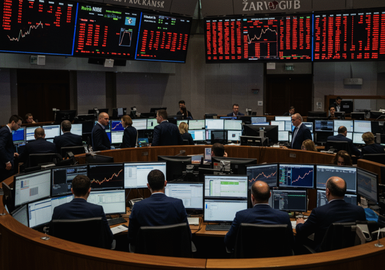 Croatian financial professionals in business attire are seen on the trading floor of the Zagreb Stock Exchange in Croatia, on a late Monday afternoon. They are gathered around desks with multiple computer monitors displaying generic financial data charts. Large digital display boards, showing abstract red and green graphs, are visible in the background. Some individuals are looking intently at their screens with focused expressions, while others are in quiet conversation, reflecting a mix of concern and analysis regarding the day's trading activity. The scene is well-lit with ambient light, capturing the professional and dynamic atmosphere of the stock exchange at the close of trading.