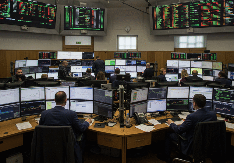 An editorial shot inside the trading room of the Zagreb Stock Exchange in Croatia, taken on a bright Tuesday morning around 10:30 AM. Professional traders and financial analysts are focused at their workstations, observing multiple large computer monitors displaying complex stock charts, numerical data, and market tickers. The room is well-lit with a mix of natural light from windows and soft overhead office lighting. The atmosphere is quietly active and contemplative, reflecting a day of moderate trading volume and declining indices. People are dressed in business professional attire, with a subtle sense of concentration on their faces.