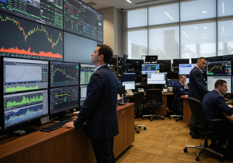 A focused financial trader, dressed in business attire, stands on the modern trading floor of the Zagreb Stock Exchange in Croatia, intently watching a large screen displaying complex, dynamic stock market data. The early afternoon light from tall windows illuminates the contemporary office space. In the background, other brokers are visible at their workstations, some engaged in serious conversations, reflecting an atmosphere of cautious activity and close monitoring of market trends after a second consecutive day of index declines.