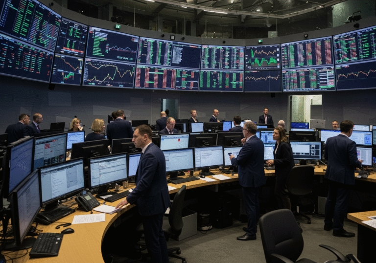 A wide, photorealistic shot inside the modern Zagreb Stock Exchange (Zagrebačka burza) on a busy Monday afternoon. Financial professionals in business attire are observing large digital screens displaying market data. Some individuals show slightly concerned or contemplative expressions while looking at screens indicating a slight drop in stock indices. Others, nearby, appear more focused on data suggesting increased trading turnover, with a more neutral or determined look. The room is well-lit with a mix of natural light and professional overhead lighting, reflecting the high-stakes environment of a major financial institution in Croatia.