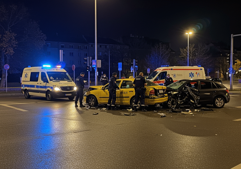 Night scene at the intersection of Petrovaradinska Street and Zagrebačka Avenue in Zagreb, Croatia, during the early hours. Damaged yellow taxi vehicle and a dark personal car are positioned in the middle of the road, showing severe front-end impact damage. Blue and red emergency lights from Croatian police cruisers and an ambulance illuminate the scene, casting reflections on the wet asphalt. Several Croatian police officers in standard dark blue uniforms with reflective vests are actively investigating the crash site, with some taking notes and others examining the vehicles. Debris from the collision is scattered around the damaged cars. Streetlights overhead provide additional illumination, highlighting the serious atmosphere of the ongoing investigation.